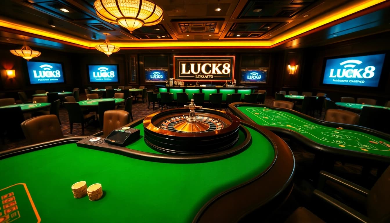 Winning at LUCK8 in a vibrant casino with roulette and poker tables.