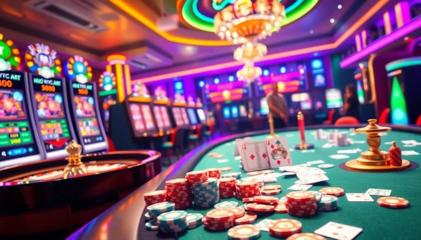 RR99 online casino scene with vibrant roulette, playing cards, and chips in action.