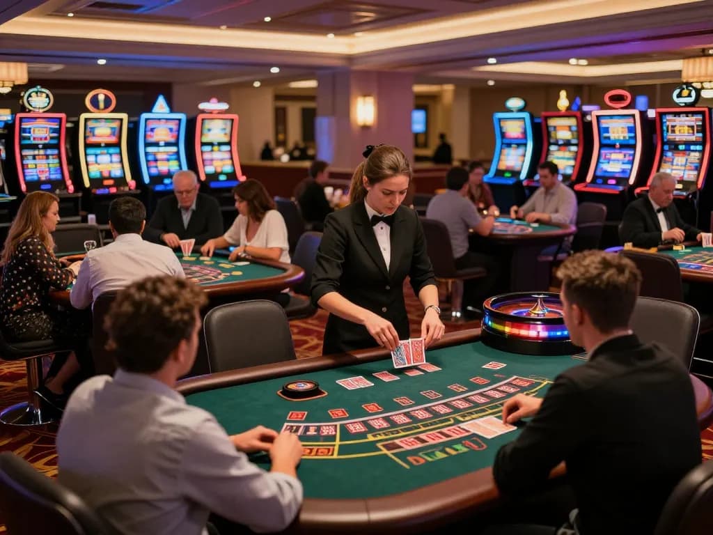 Engaging F168 casino scene with players at blackjack tables under vibrant lighting, showcasing strategic gameplay.