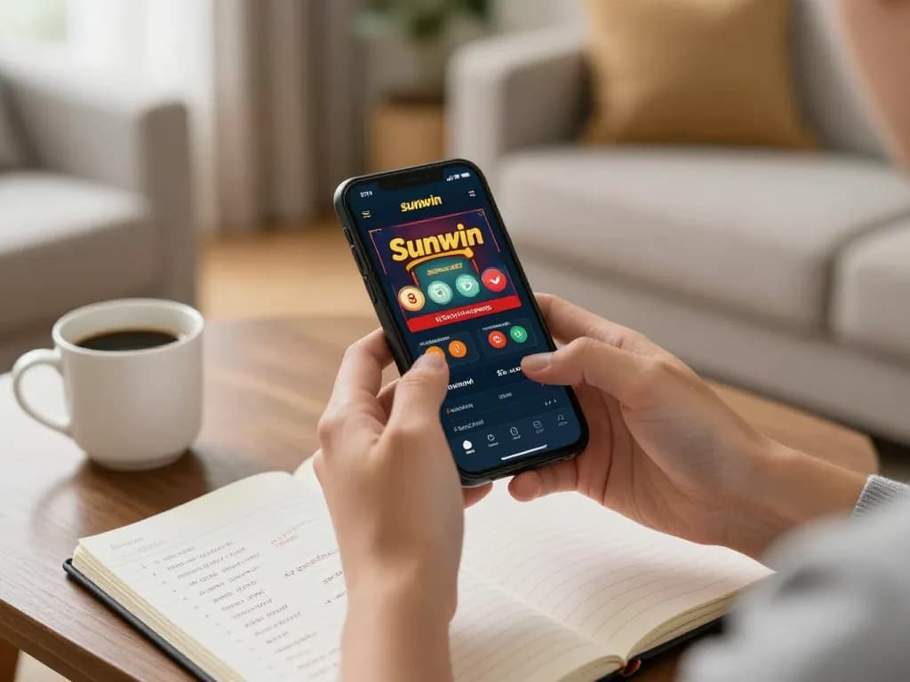 Player engaging with the sunwin casino app on smartphone while managing gaming strategies in a cozy living room.
