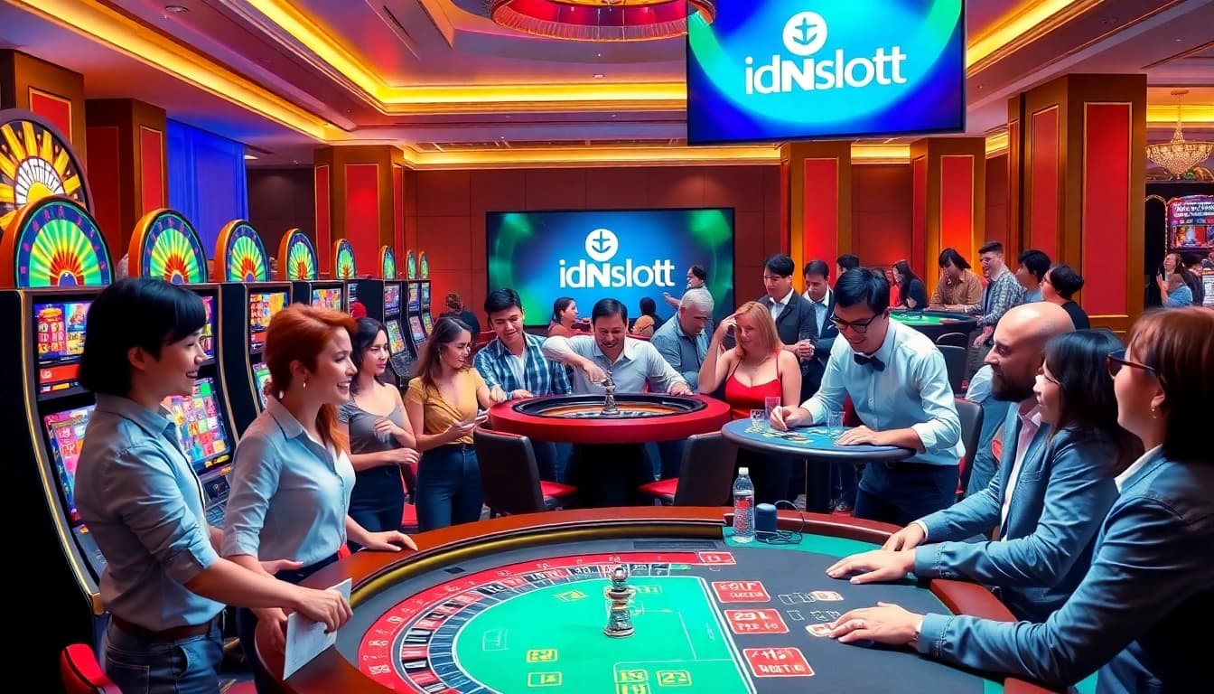 Players enjoying idnslot at a vibrant casino, showcasing excitement and luxury in gaming.