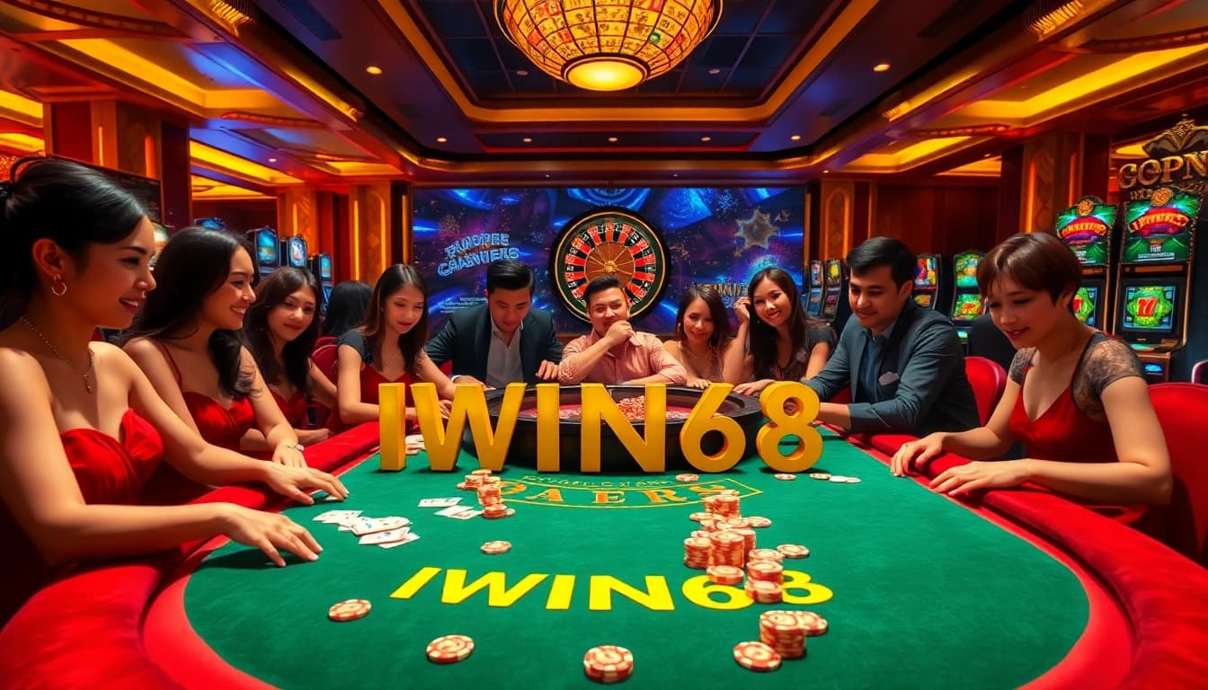 IWIN68 gaming table with engaging players, poker chips, and roulette wheel highlighting excitement.