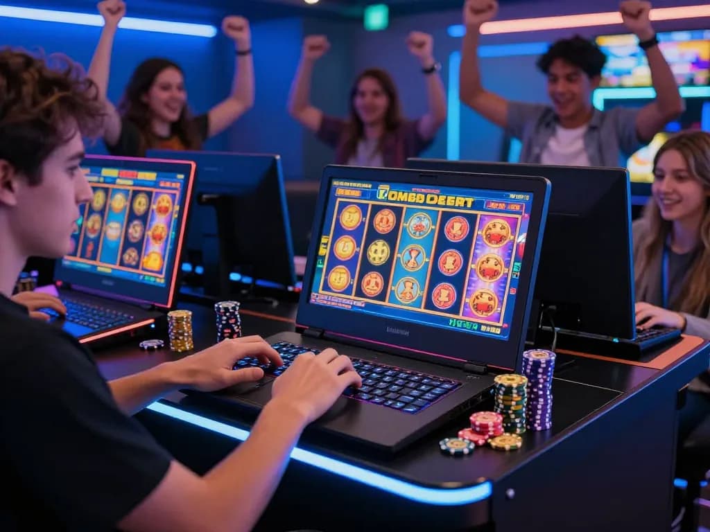 Pemandangan permainan slot gacor dengan pemain antusias di layar sentuh berwarna-warni, menggambarkan suasana yang hidup.