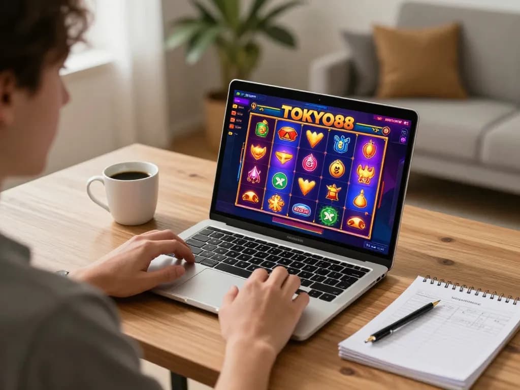 Mainkan permainan slot TOKYO88 yang menarik secara online dengan gulungan yang cerah dan simbol jackpot dalam suasana rumah yang nyaman