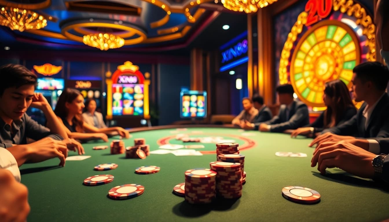 Exciting gameplay at Xin88's casino table, showcasing vibrant poker chips and cards.