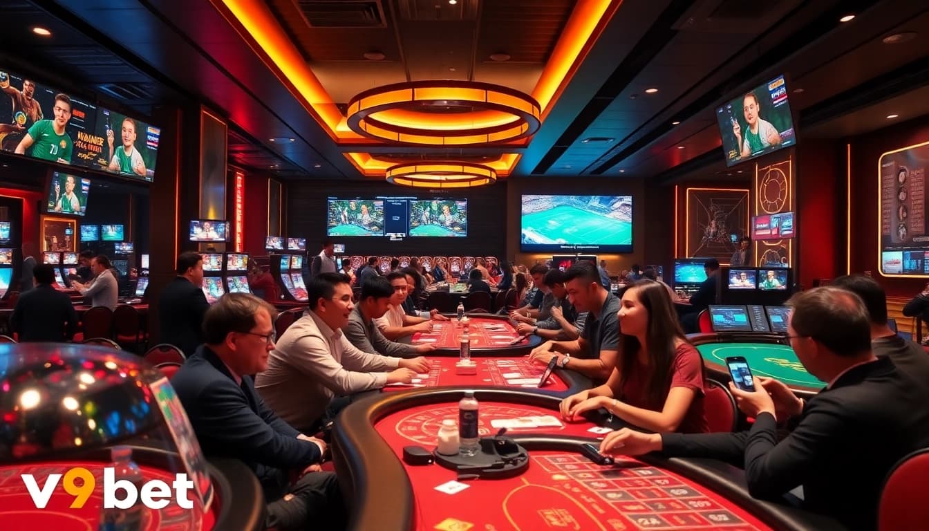 Experience V9bet's vibrant casino gaming atmosphere with players enjoying various games.