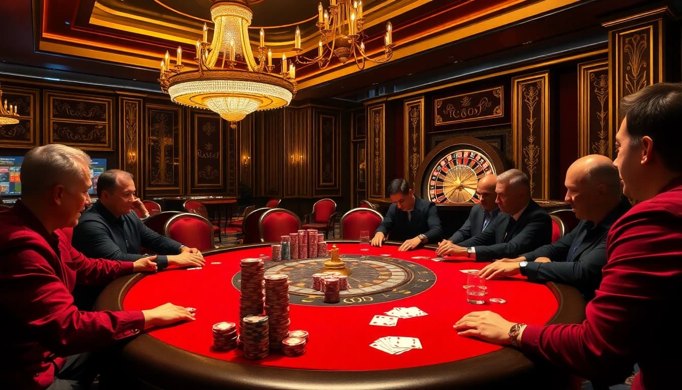 Intense poker game at SX88 with professional players, vibrant chips, and a luxurious casino ambiance.