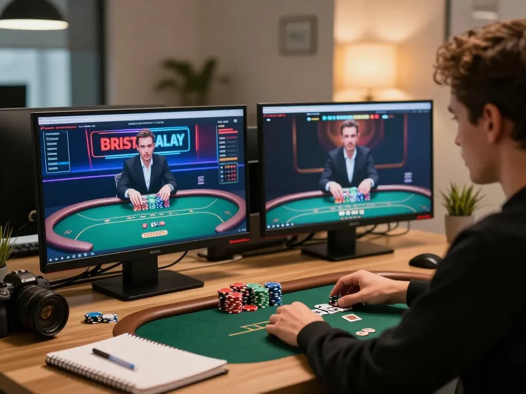 Engaged player exploring Alternatif Dewapoker on multiple screens in a stylish home office.