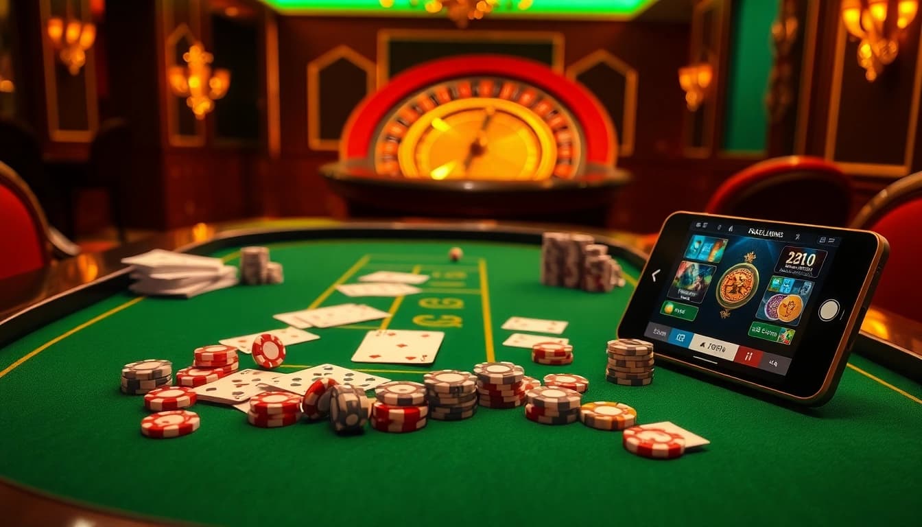 Engaging scene of game bài đổi thưởng at a luxurious online casino with poker chips and cards.