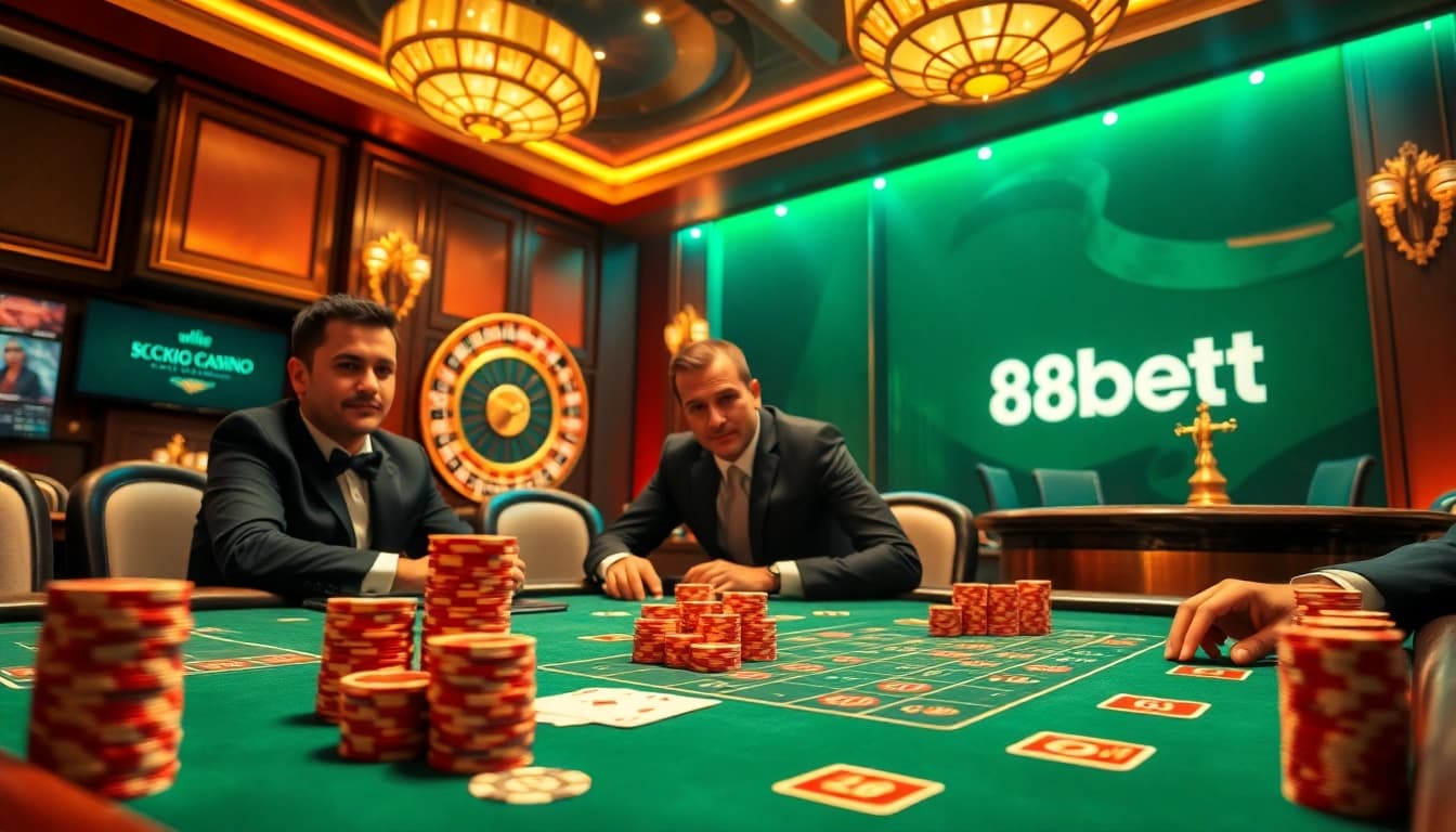 Thrilling casino poker game at 88bet with luxurious chips and cards in an exciting atmosphere.