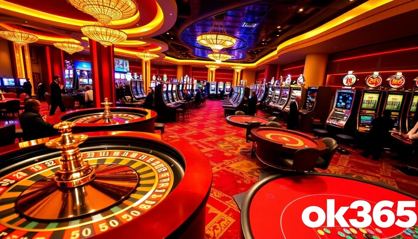 Experience thrilling gaming at ok365's stunning casino with roulette and slot machines.