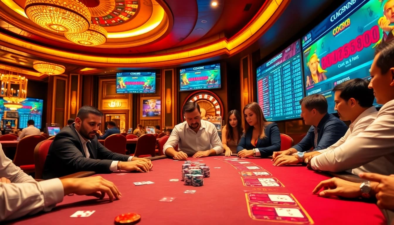 Co88 players strategizing at a vibrant poker table, showcasing excitement and luxury in a casino setting.