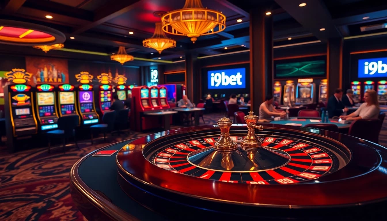 Experience the thrill of i9bet at a luxurious casino with roulette and vibrant slot machines.