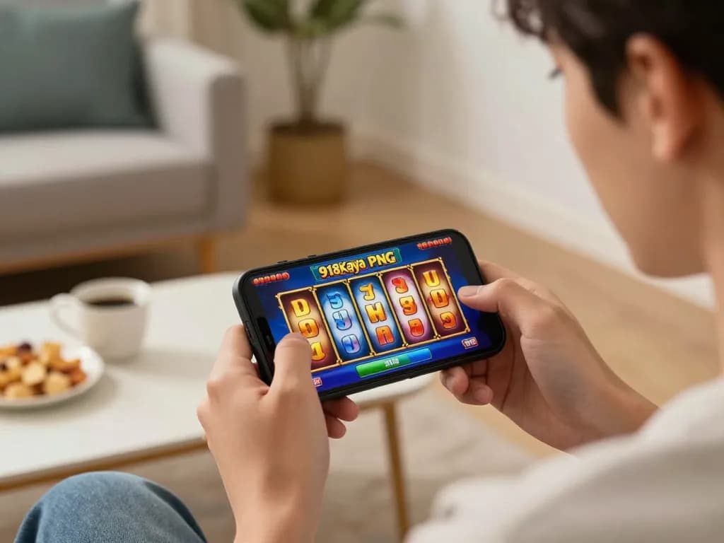 Engaging in 918Kaya PNG slots on a smartphone in a cozy home setting, showcasing responsible gaming.