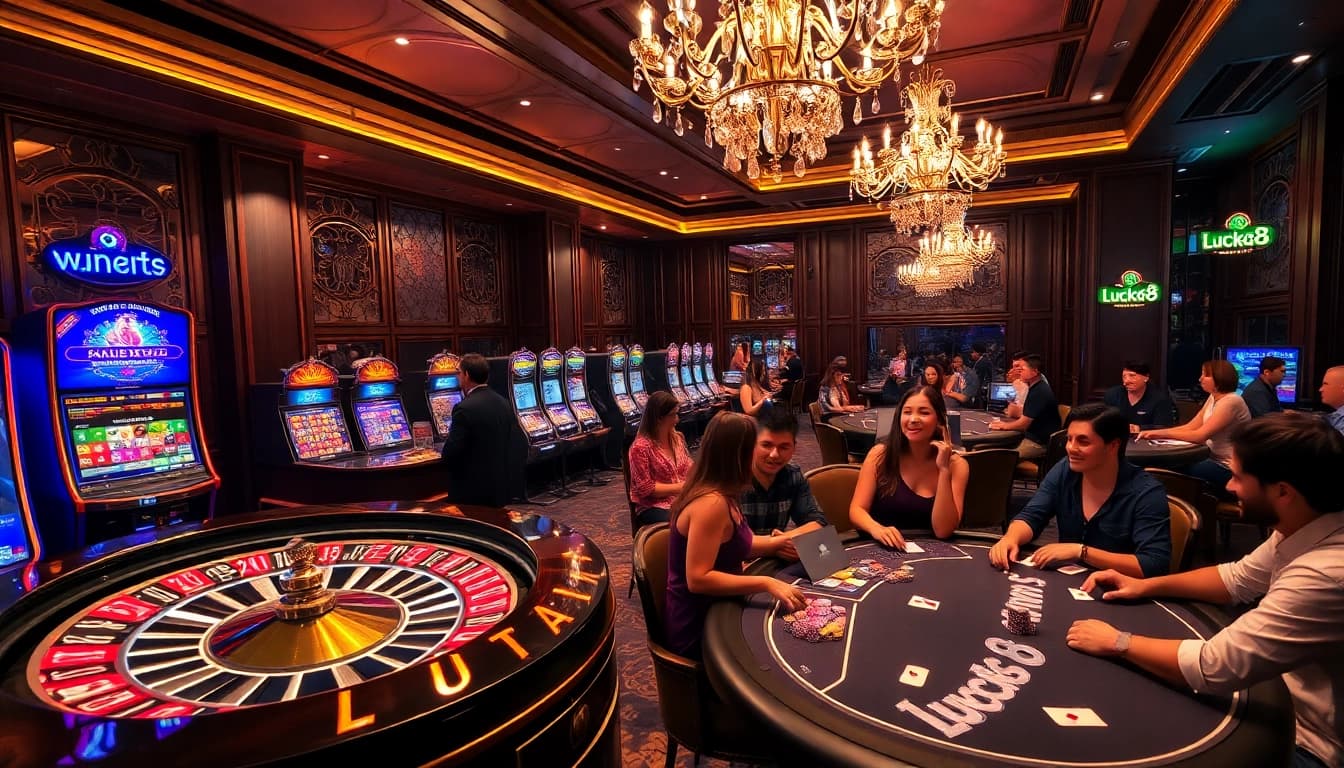 Experience thrilling games at Luck8's luxurious casino with roulette, slots, and enthusiastic players.