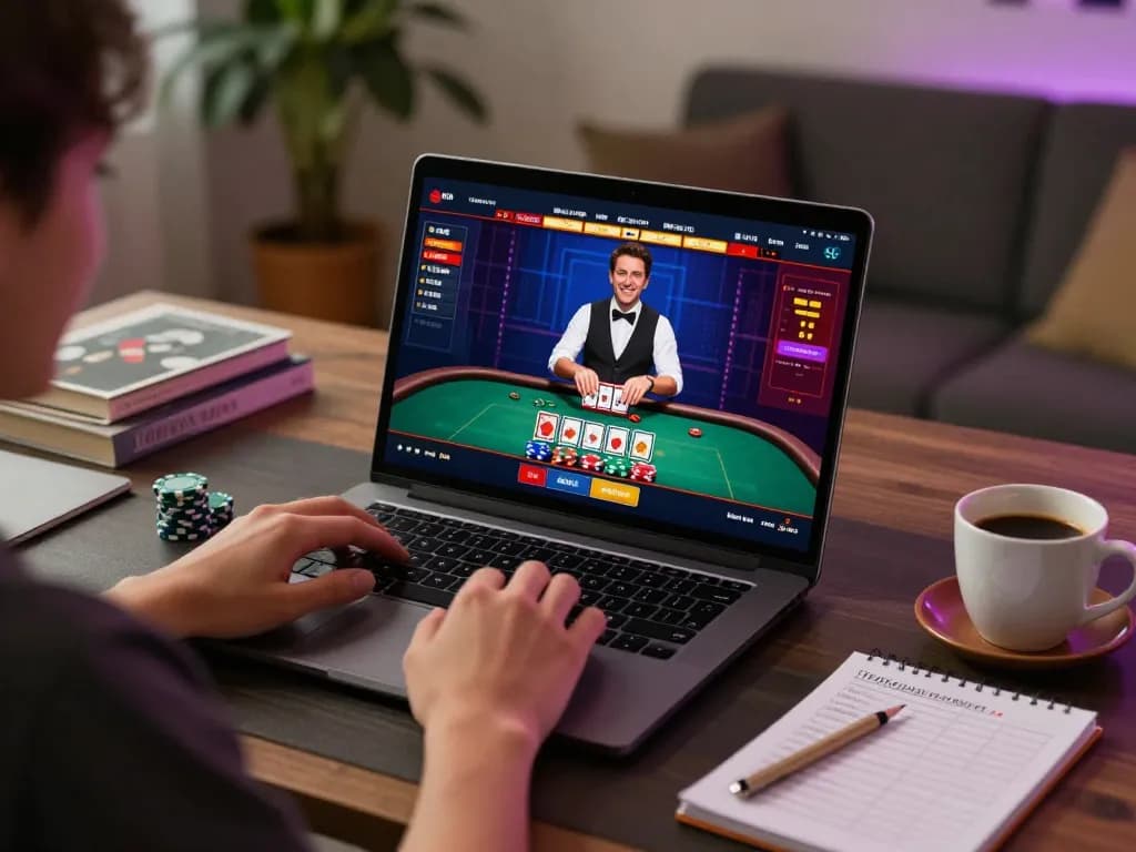 Engaging online gaming scene showcasing a user enjoying tr88 live dealer games with ambient lighting and coffee.