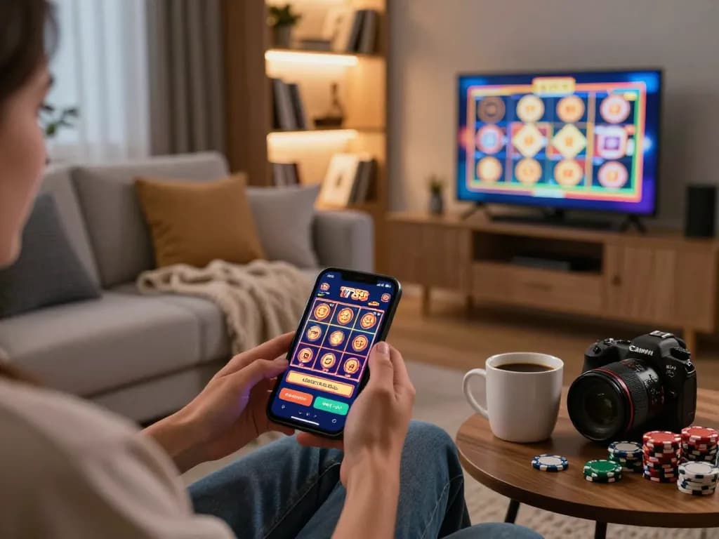Player enjoying the TT88 mobile casino app on smartphone in a cozy home gaming setup
