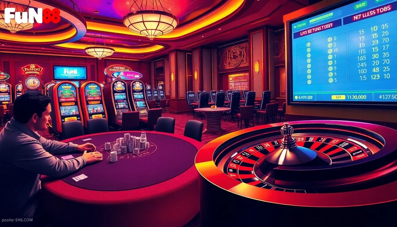 Fun88 players enjoying a thrilling casino experience at a poker table with vibrant atmosphere and luxury design.