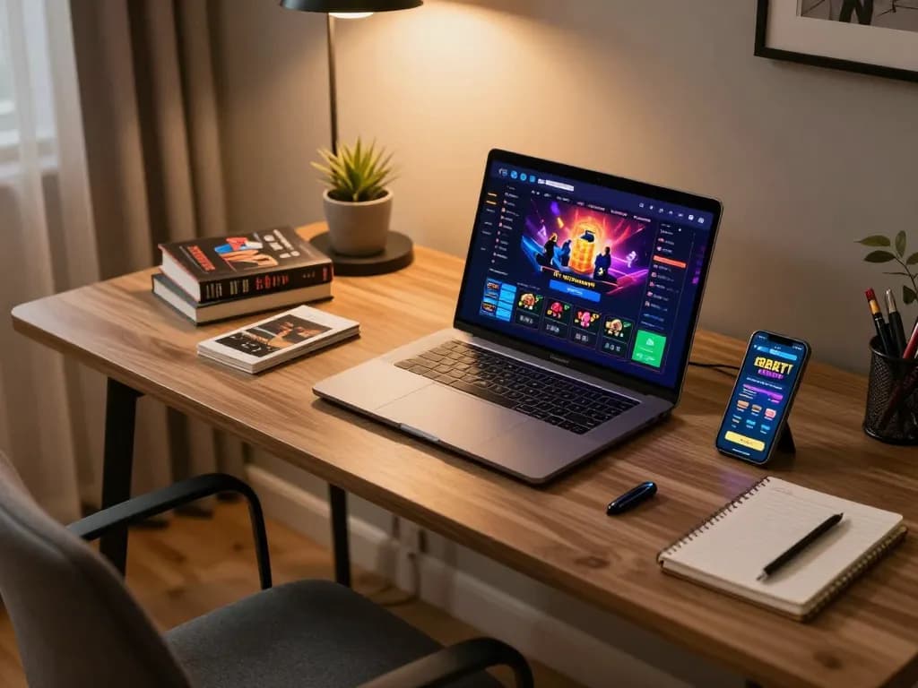 Engaging in online gambling with a vibrant 링크모음 interface on a stylish laptop setup