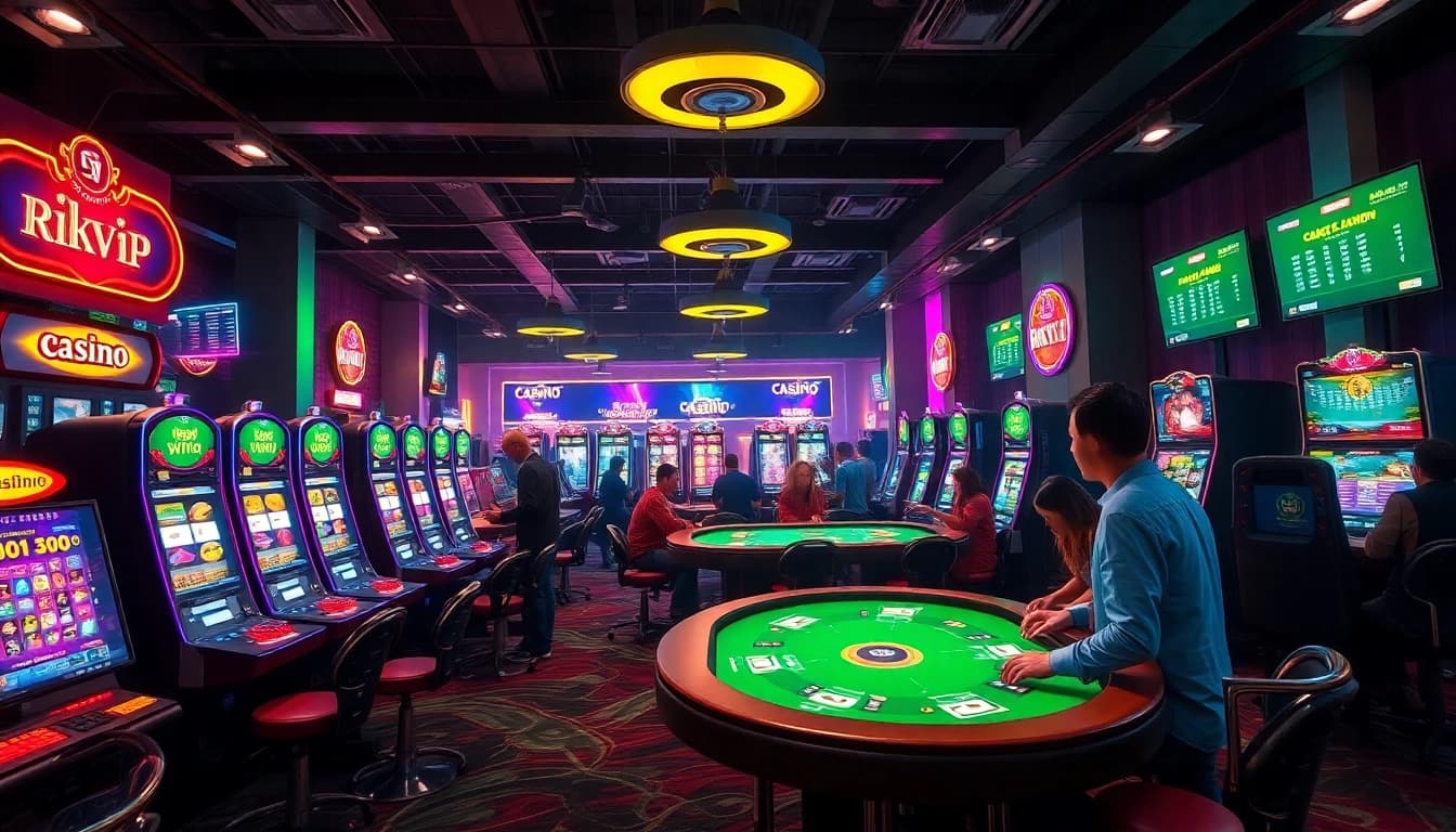 Rikvip casino experience showcasing vibrant slot machines and engaging players in a luxurious setting.