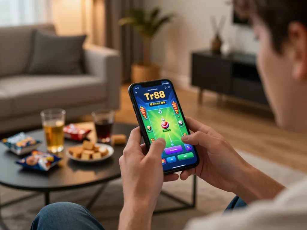 Player engaging with Tr88 game on mobile phone in a cozy living room setting