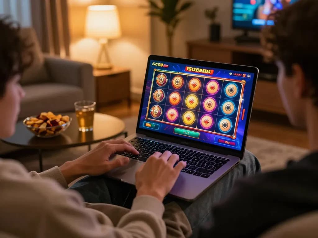 Players engaging with SC88 app for online slots in a cozy home atmosphere