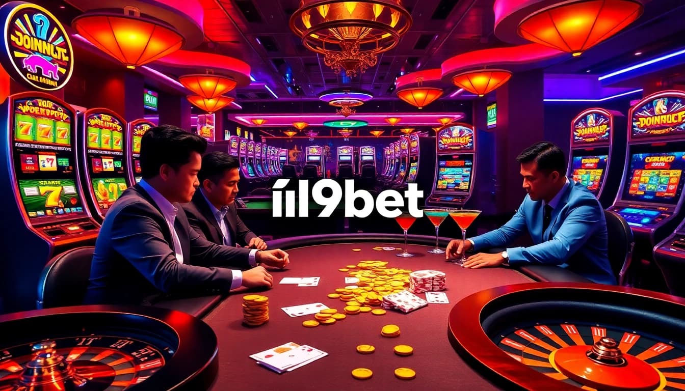 Gambling enthusiasts playing poker at i9bet, showcasing a vibrant casino atmosphere.