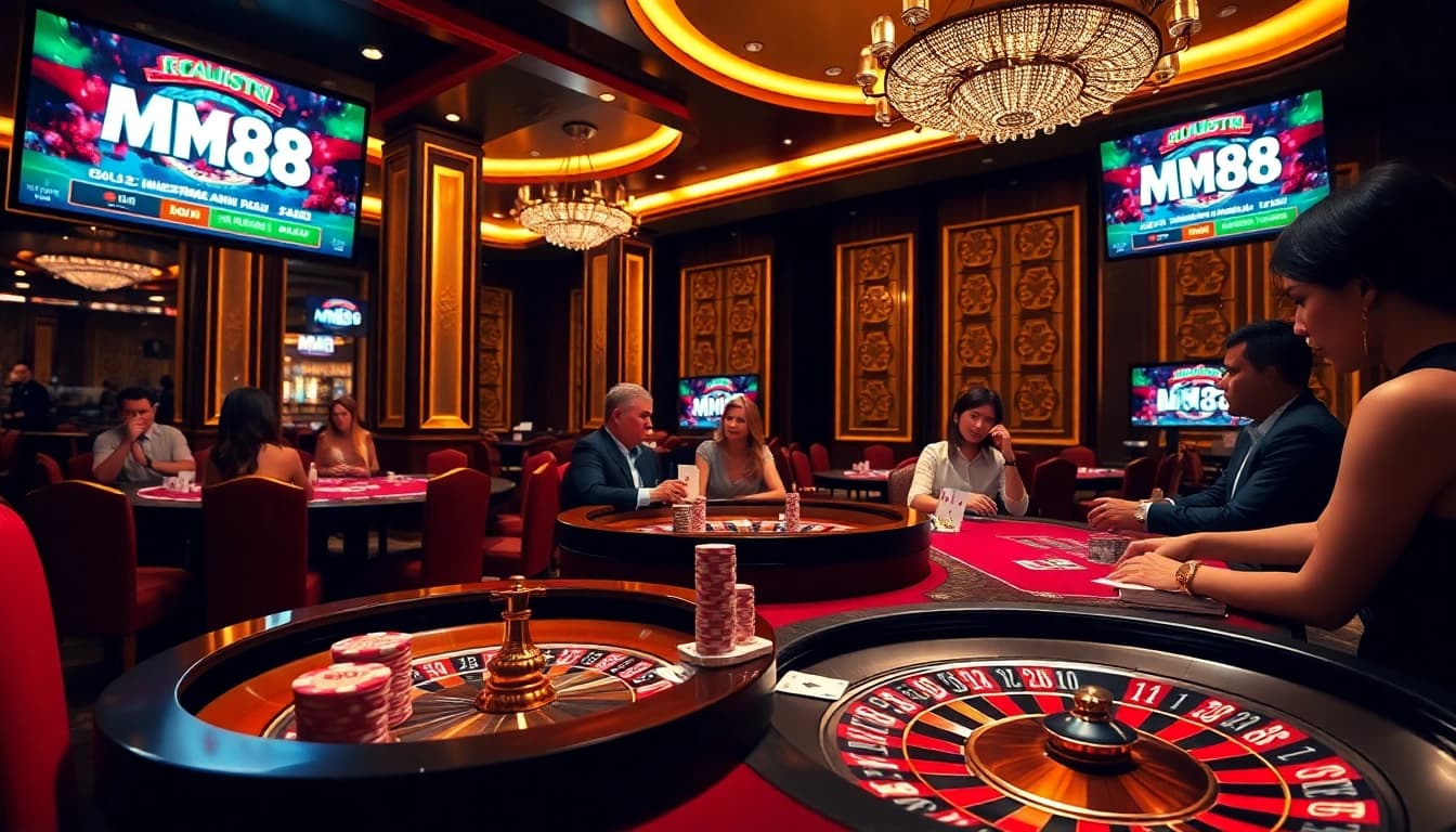 Experience the thrill of gambling at MM88 with vibrant casino tables and engaged players.