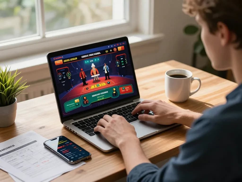 Engaging online gambling scene at https://rr88.select/ with live dealer games displayed on a laptop.