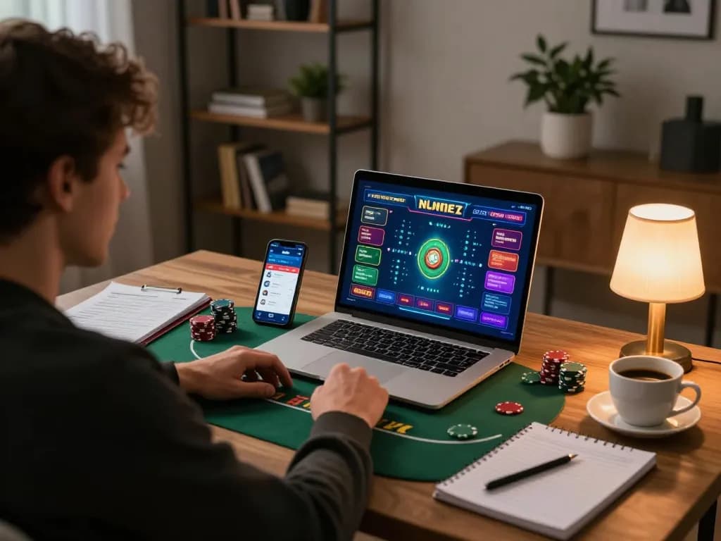 Engaging LC88 online poker session showcasing strategic gameplay and modern home office setup