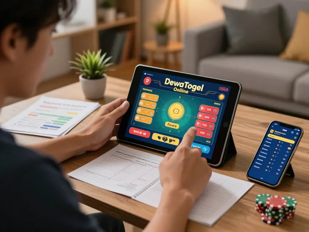 Dewatogel Online gameplay with a player focused on tablet, surrounded by strategy notes in a cozy room.