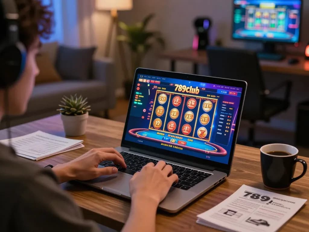 Engaging with 789club's online casino interface from a cozy gaming setup at home