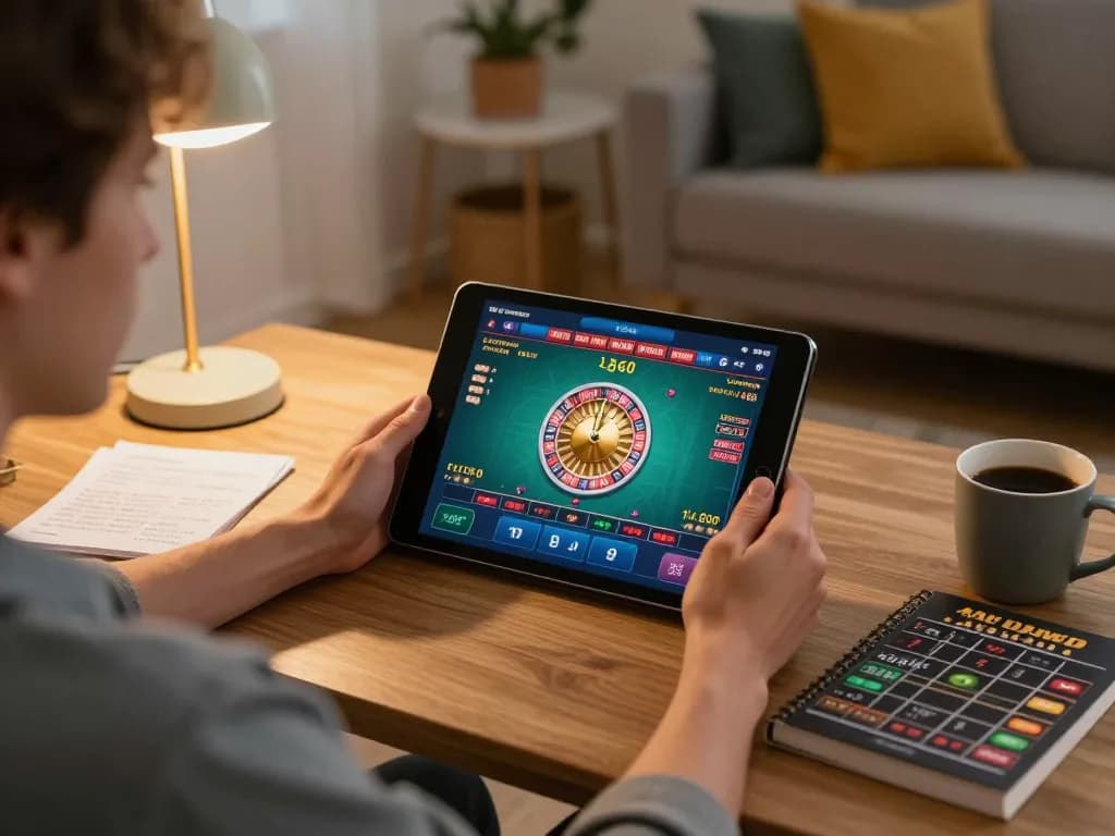 Player engaging in online gaming at home with 88aa casino app on tablet, cozy ambiance enhancing the experience.
