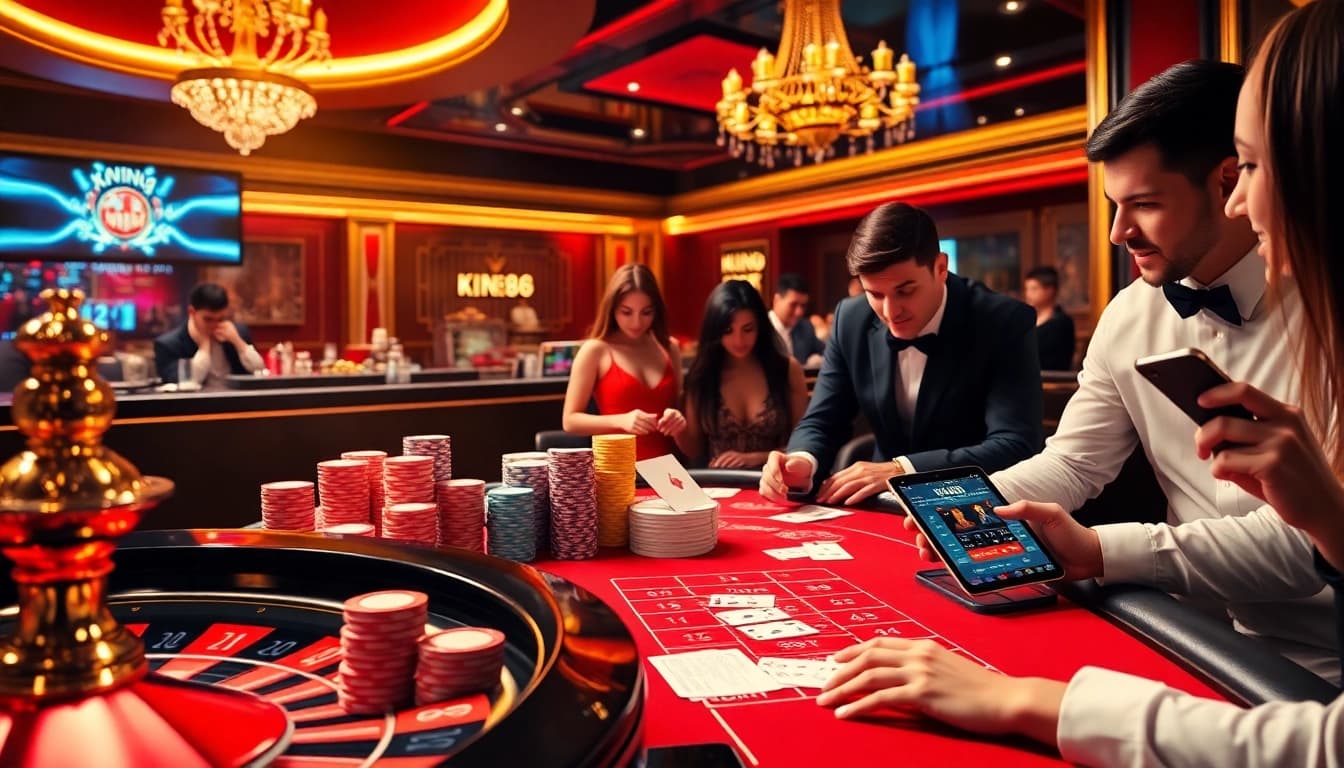 Players enjoying thrilling games at King88's luxurious casino, emphasizing excitement and winning.