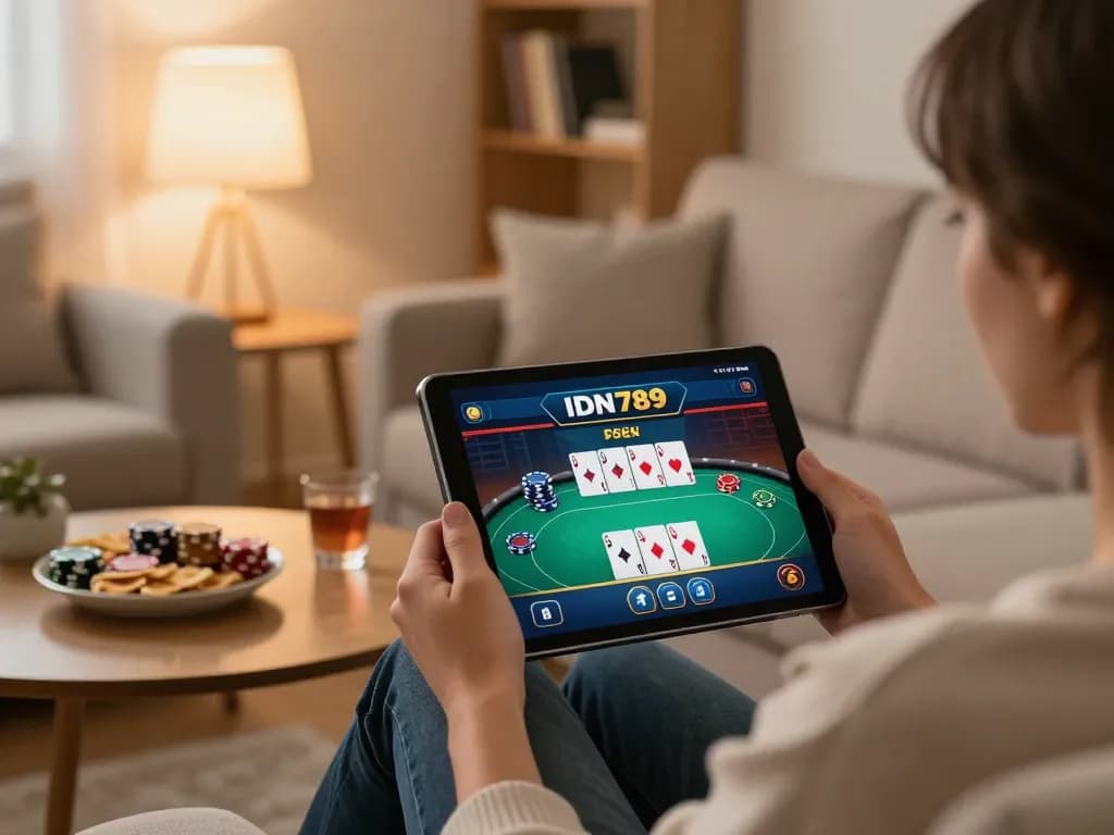 Permainan yang menarik di platform IDN789, menampilkan kartu poker dalam suasana rumah yang nyaman.