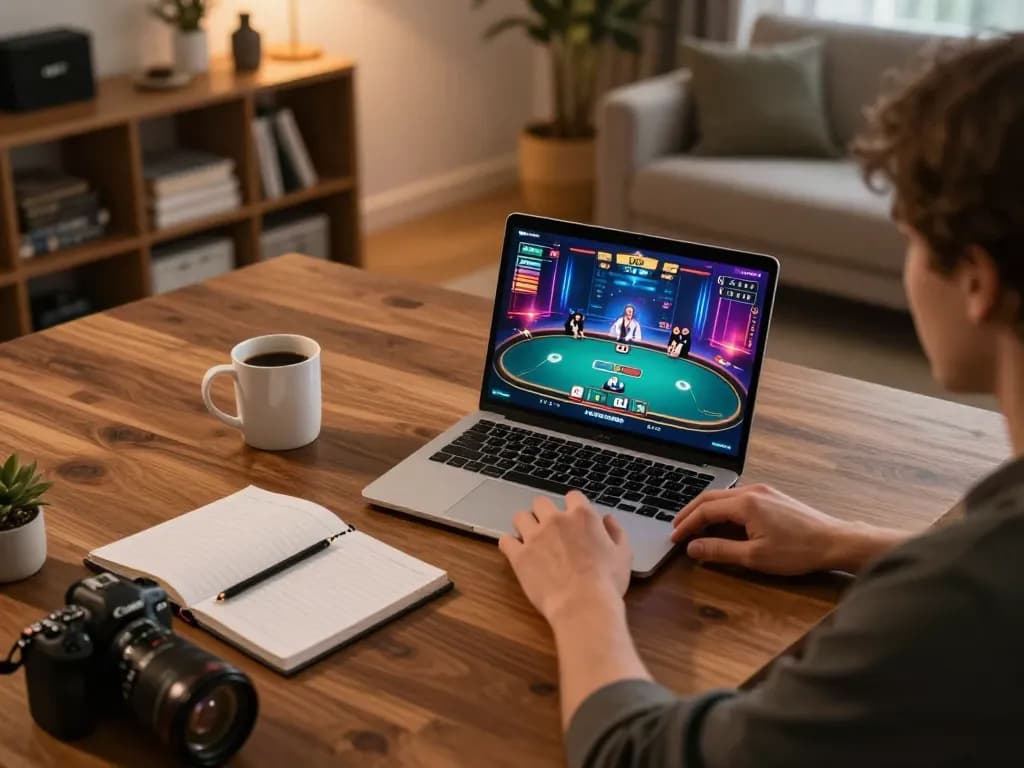 Engaging in a live online poker game on MM88 platform, showcasing gameplay and strategy elements in a cozy home setup.