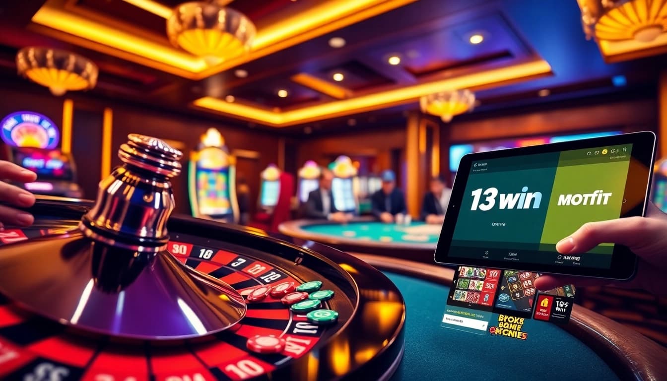 Players enjoying games at 13win's luxurious casino with vibrant roulette and engaging slot machines.