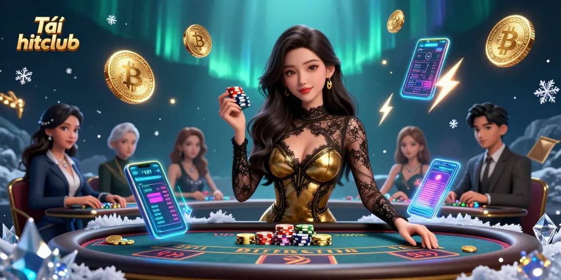 Play and win in style with Tải hitclub at a VIP baccarat table, surrounded by neon crypto elements.