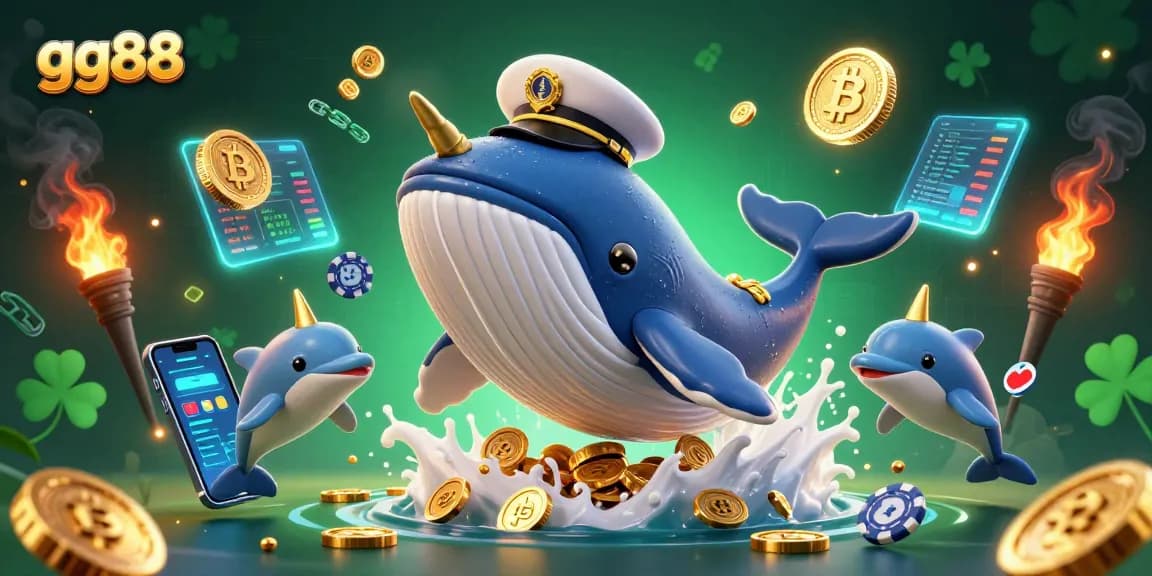 Engage with gg88's thrilling casino experience showcasing vibrant 3D whale, narwhal, and playful dolphins.