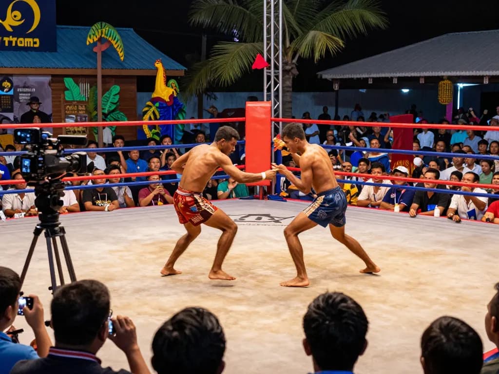 View of Đá gà Thomo with excited crowd witnessing intense chicken fighting match