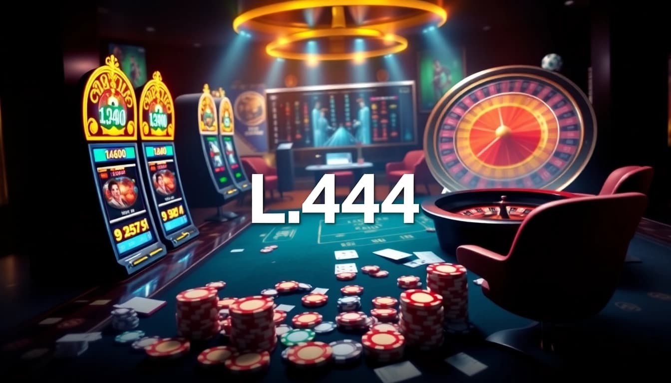L444 logo amidst an exciting online casino scene with poker tables, slot machines, and roulette wheel.
