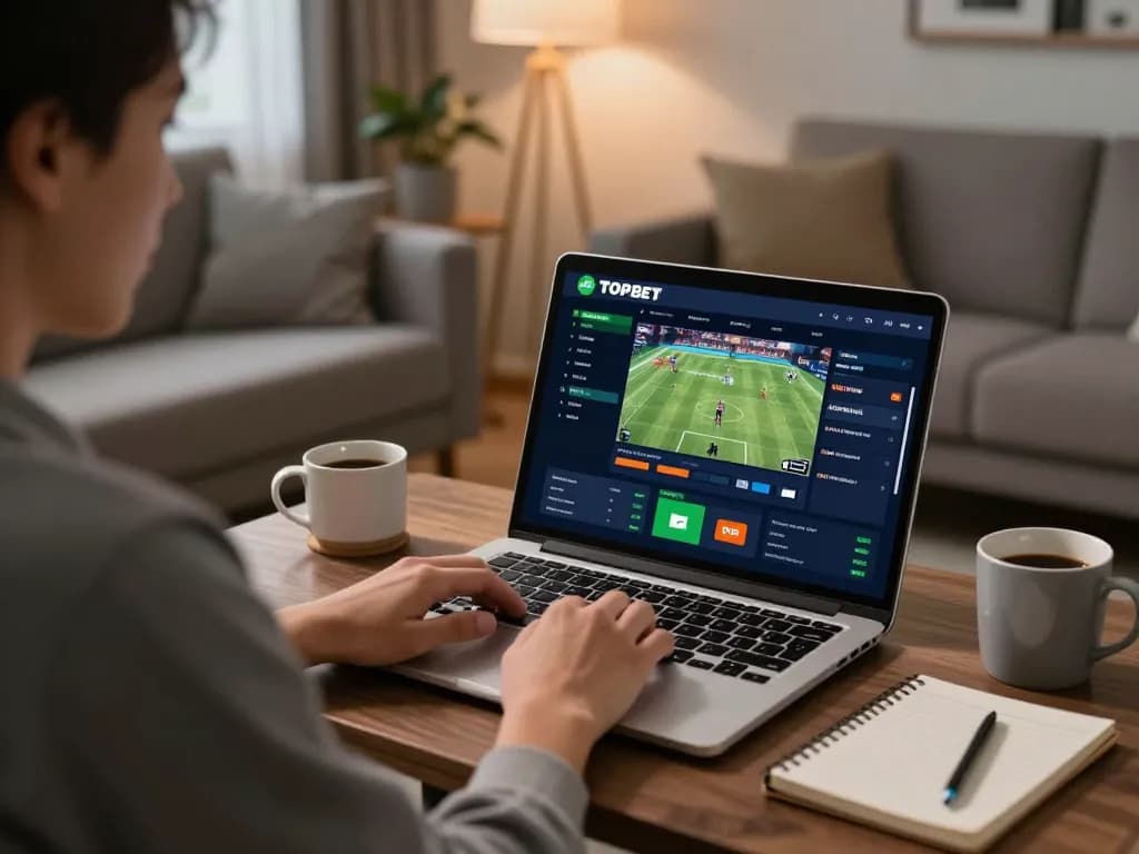 Engaging in live sports betting on the TOPBET platform in a cozy home environment.