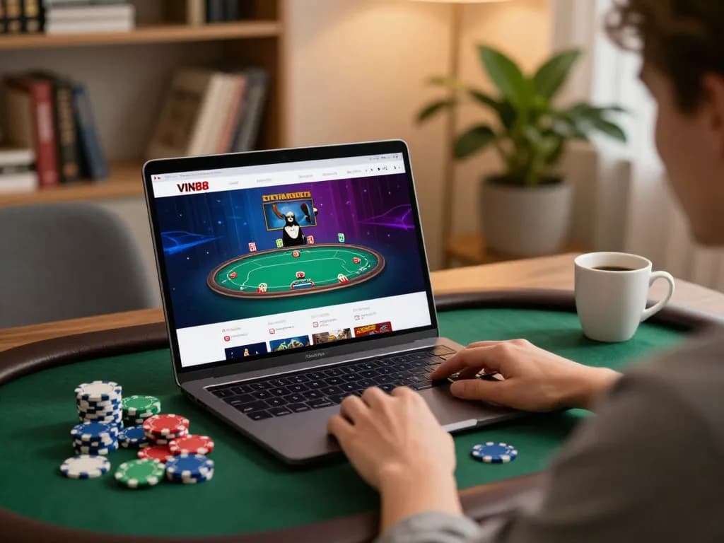 Engaging in a thrilling VIN88 poker game online with vibrant graphics and cozy home setup