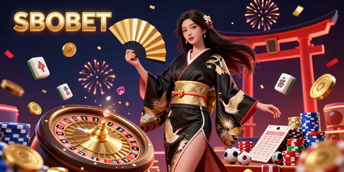 SBOBET sports betting illustration featuring an elegant Asian woman with a golden fan, vibrant casino elements.