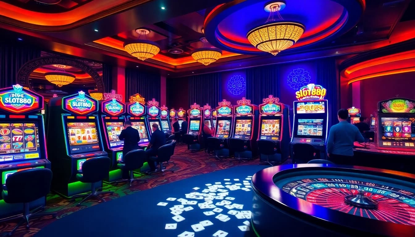 Engaged players experiencing the thrill of slot888 at a vibrant casino, featuring colorful slot machines.