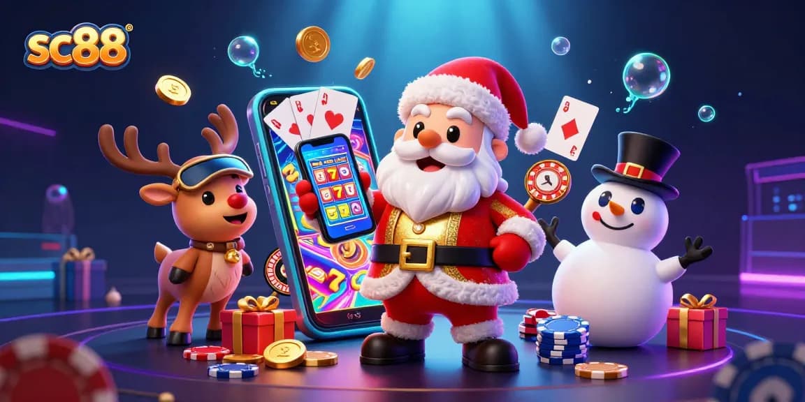 Spin the reels and win big with SC88 in this vibrant 3D casino illustration featuring animated characters and gaming elements.