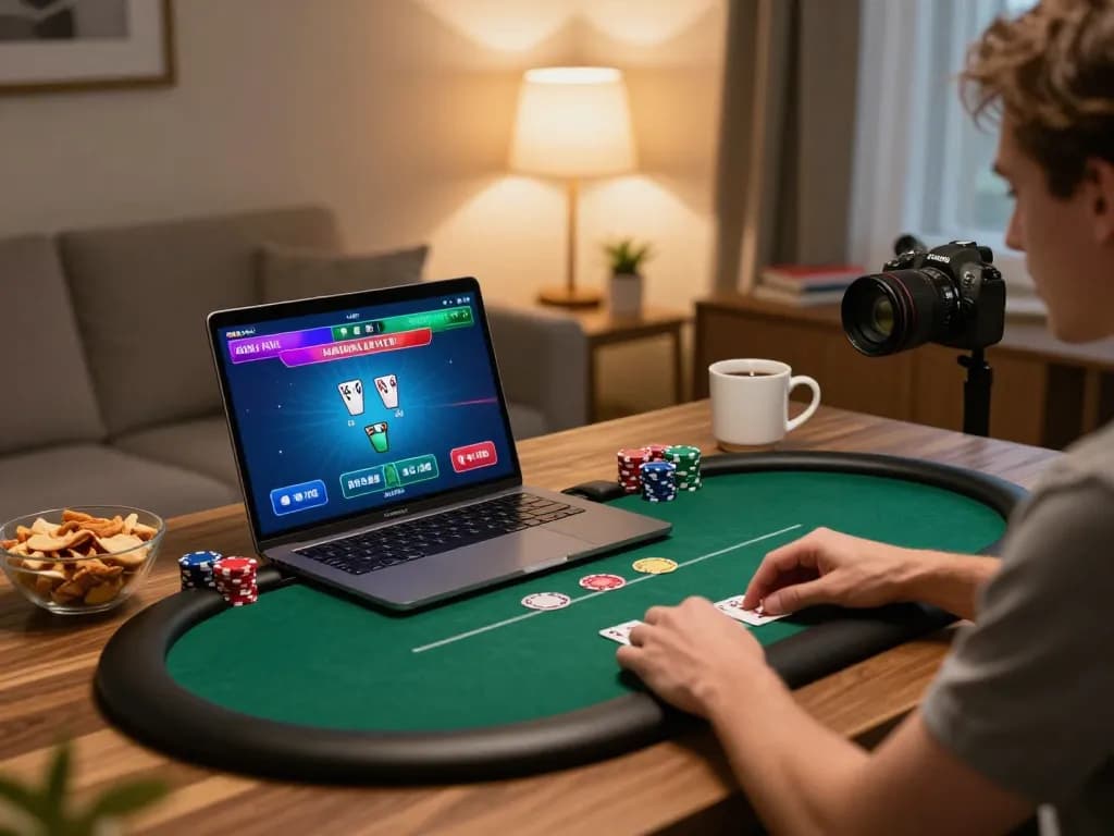 Person playing poker on laptop at home, showcasing 123B MVP for online gaming strategies and engagement.