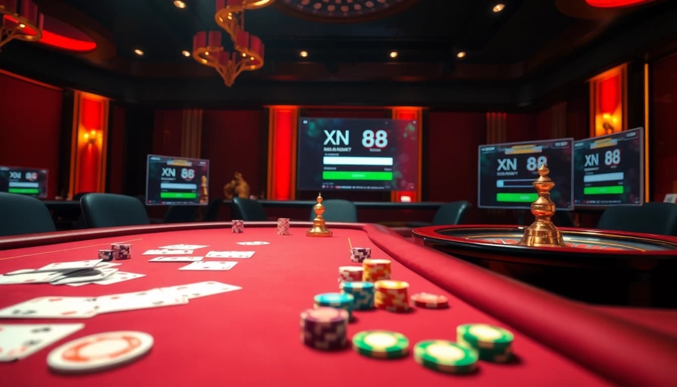 Experience the thrill of gambling with XN88 đăng nhập, featuring vibrant casino tables and game components.