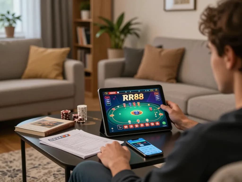 Player enjoying RR88 live poker on tablet in cozy home environment with strategic notes.