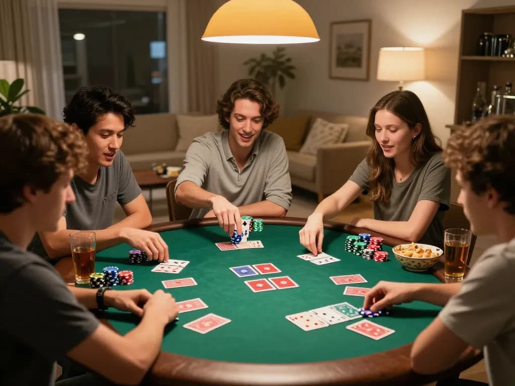 Enjoying a poker night with friends while playing kerajaanslot games, showcasing excitement and strategy.